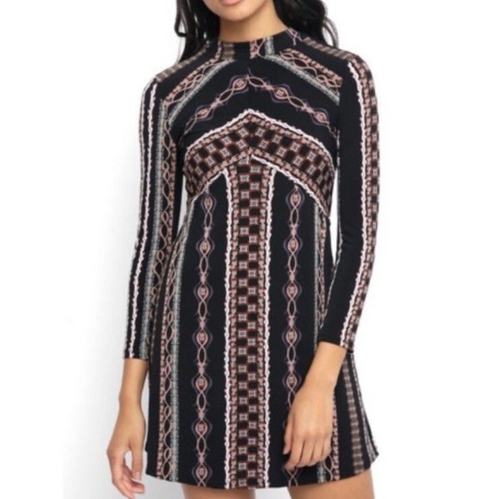 Free People Stella Dress Black Long Sleeve Mock Neck Geometric Print Mini Size S